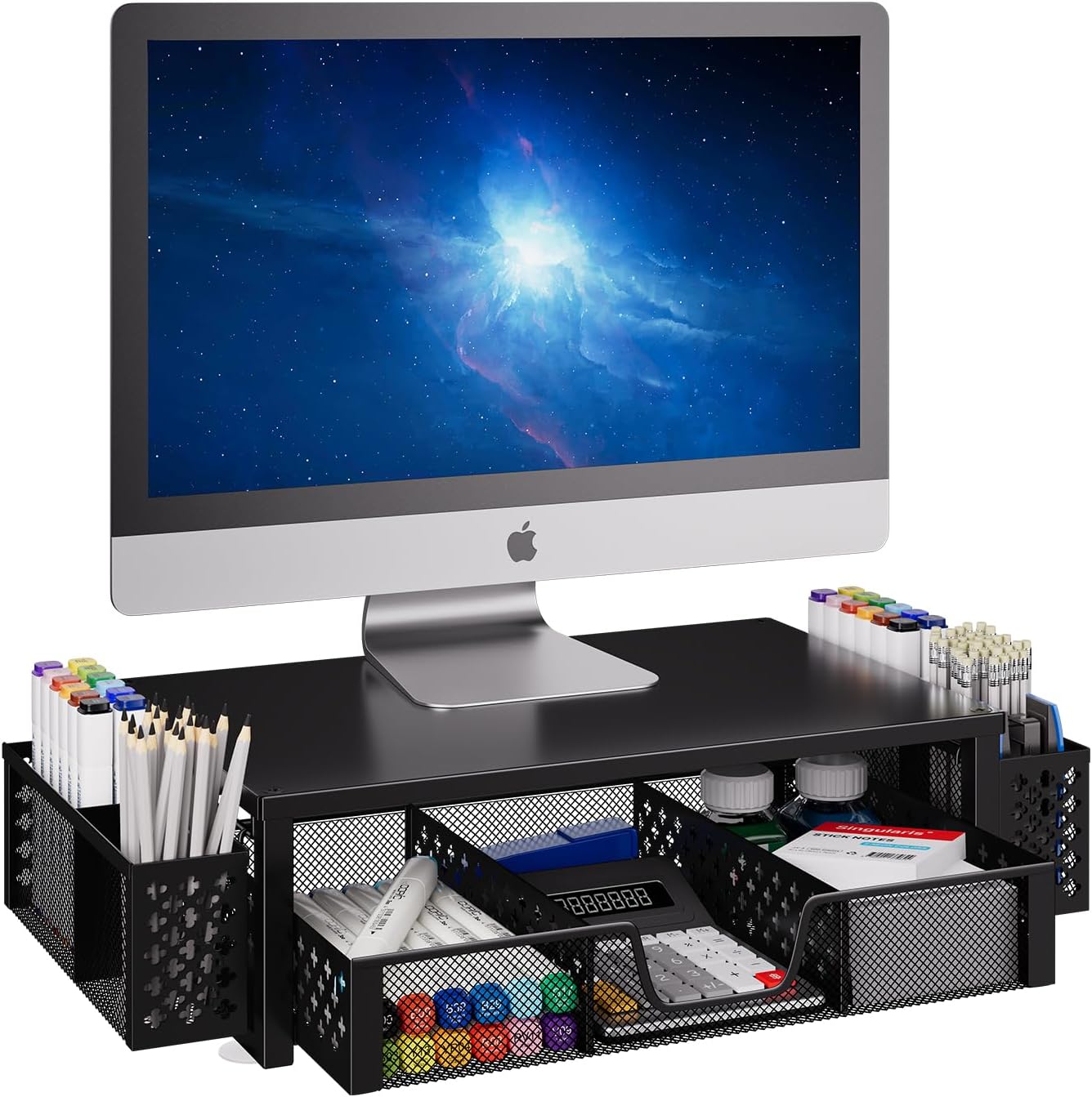 Simple Trending Desk Organizer, Computer Monitor Stand Riser, Black | Metal Laptop & Printer Stand, Desktop Organizer with Drawer & 2 Pen Holders, Anti-Slip Pads, 18.5"W x 9.5"D x 4.75"H